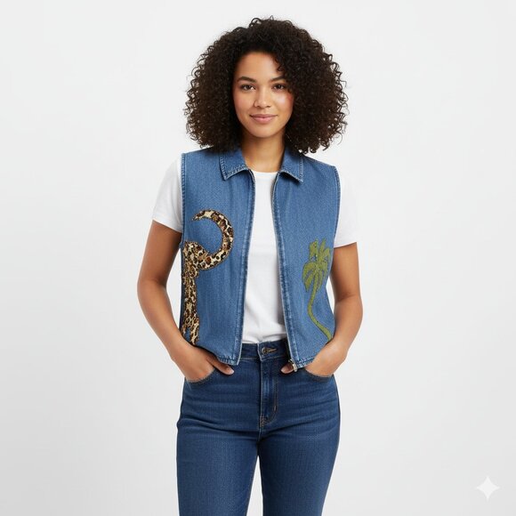 Carolina Colours Womens Elephant Palm Tree Beaded Denim Vest Size Large Safari - Picture 1 of 12